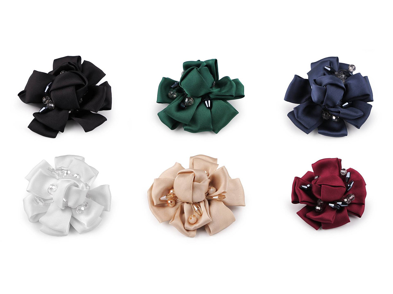 Brosa floare din satin cu strasuri ø7 cm - Albastru închis (6 Bucăți)