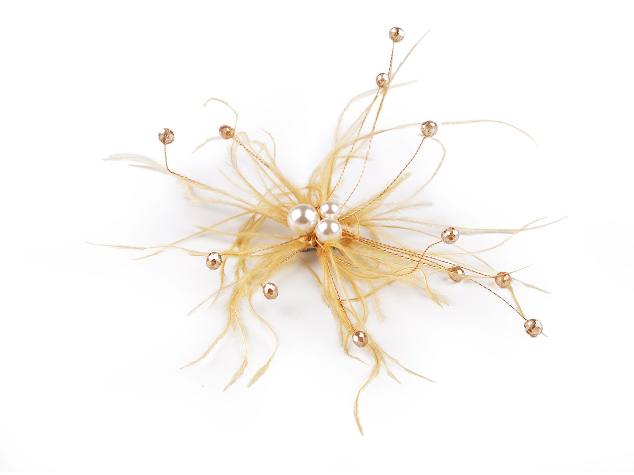 Brosa din pene cu perle si strasuri - Auriu (1 Bucată)