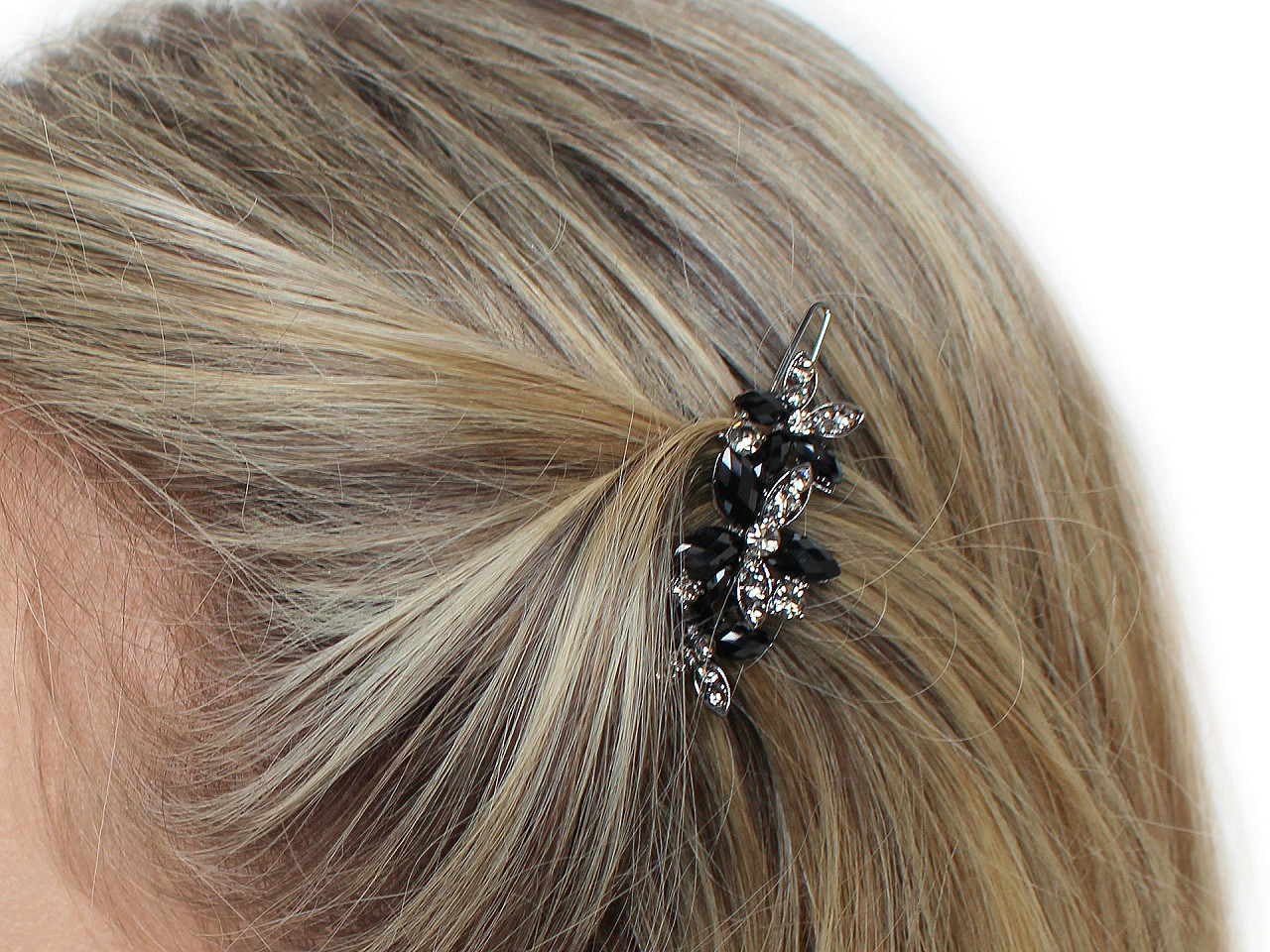 Agrafă de păr cu flori cu strasuri - Negru (1 Bucată)