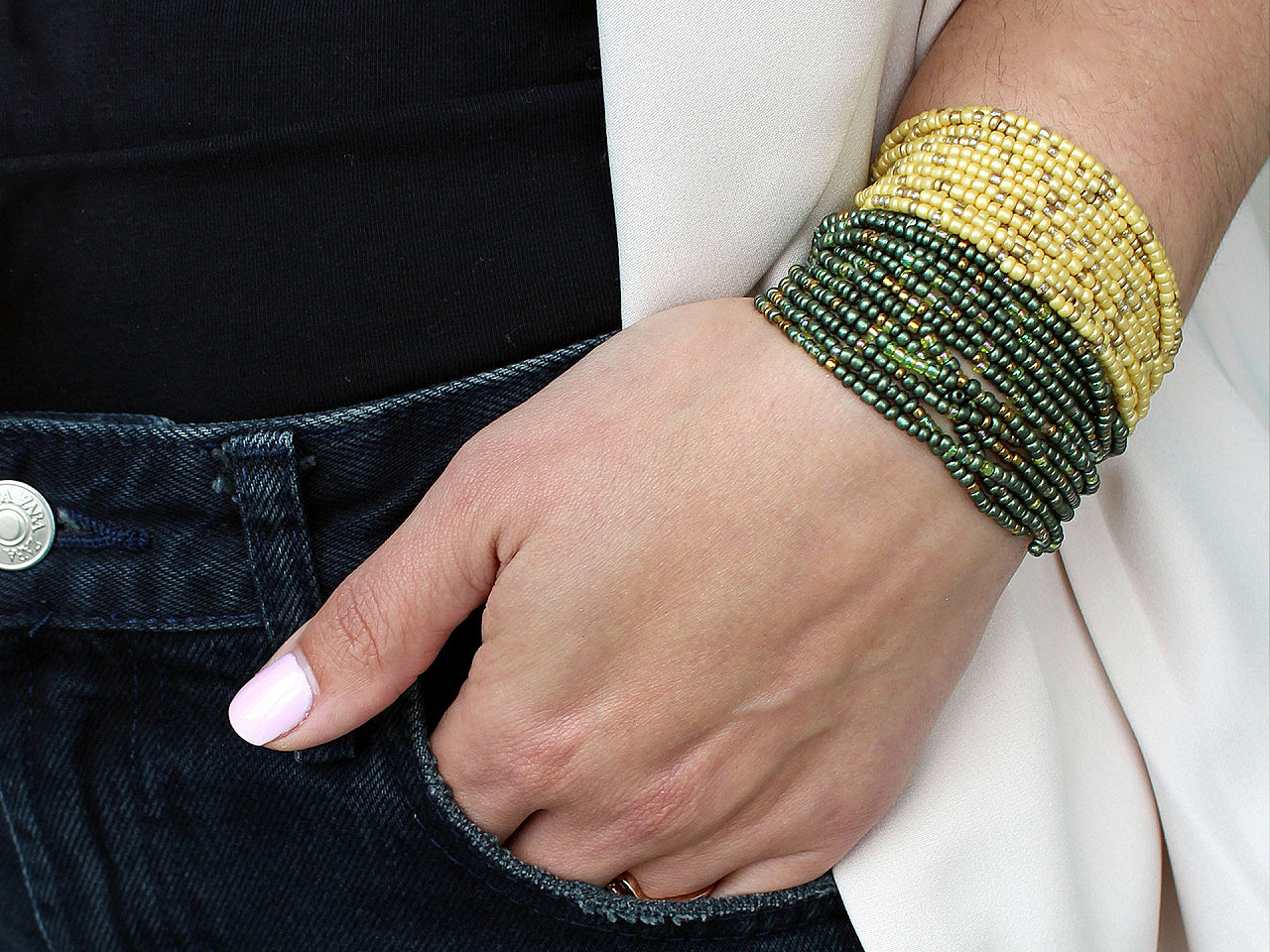 Brățări elastice din mărgele de nisip, set de 12 bucăți - Auriu deschis (1 Set)