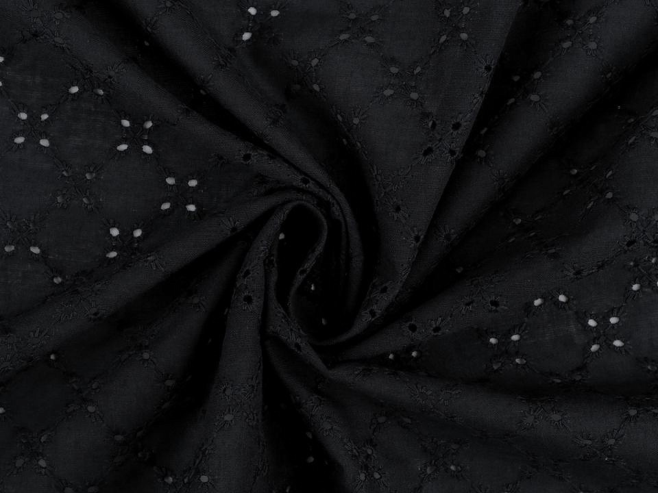 Madeira de bumbac cu broderie florală - Negru (1 Metru)