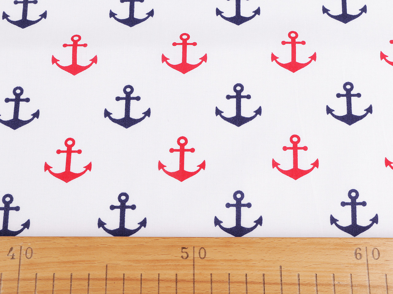 Material bumbac imprimat, motiv ancora - Albastru închis (1 Metru)