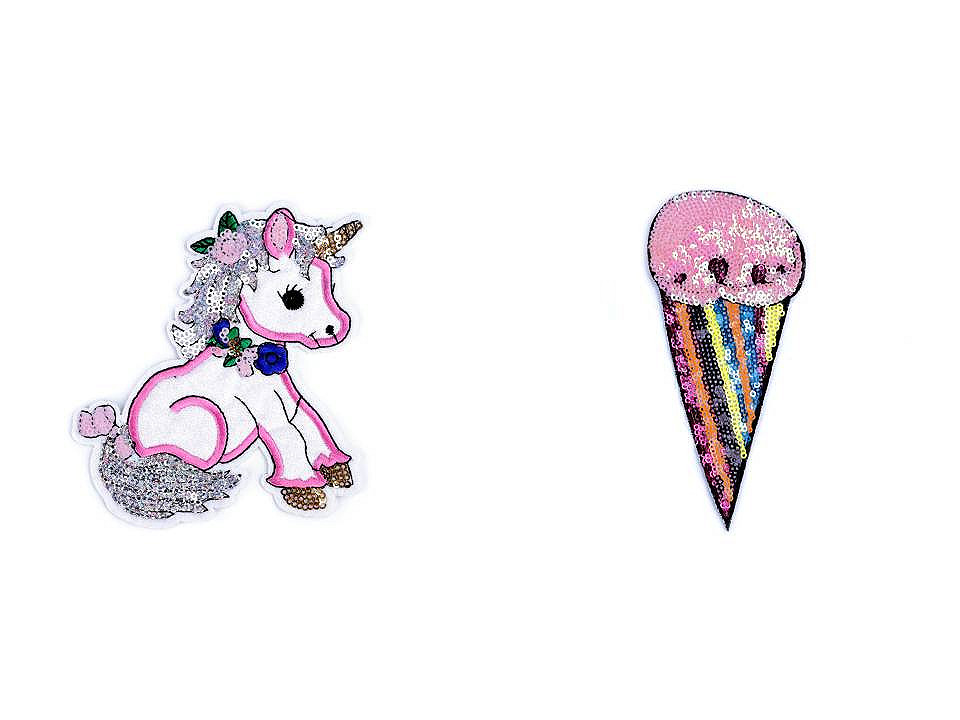 Aplicație termoadezivă cu paiete - unicorn, înghețată - Alb (1 Bucată)