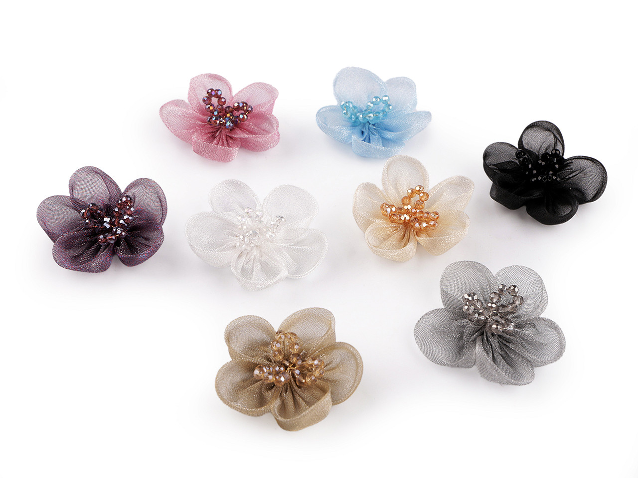 Floare din organza cu margele pentru cusut si lipit ø4,5 cm - Roz vintage (2 Bucăți)