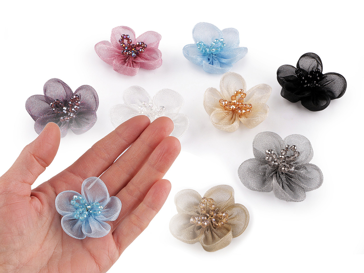 Floare din organza cu margele pentru cusut si lipit ø4,5 cm - Roz vintage (2 Bucăți)