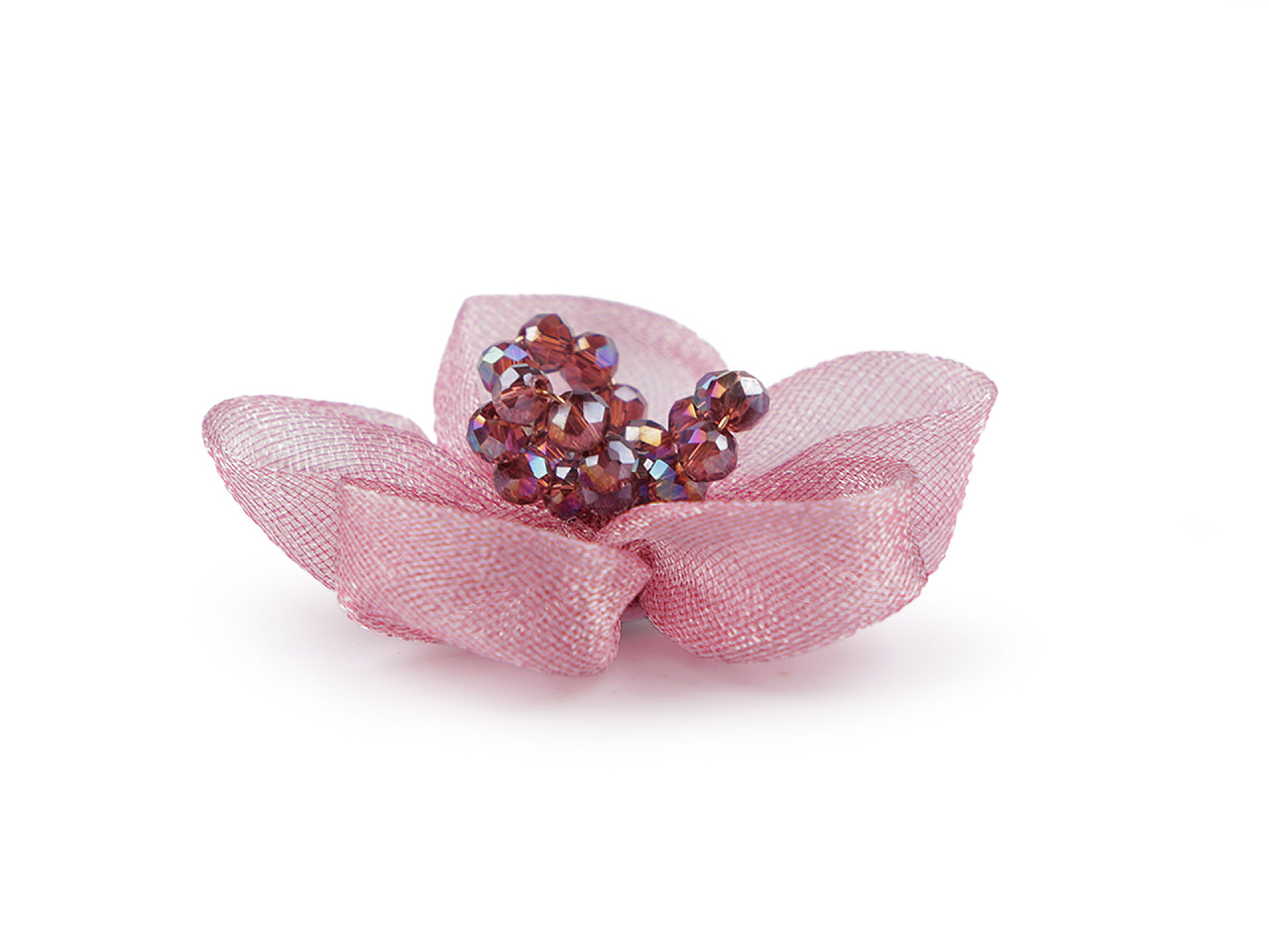 Floare din organza cu margele pentru cusut si lipit ø4,5 cm - Roz vintage (2 Bucăți)