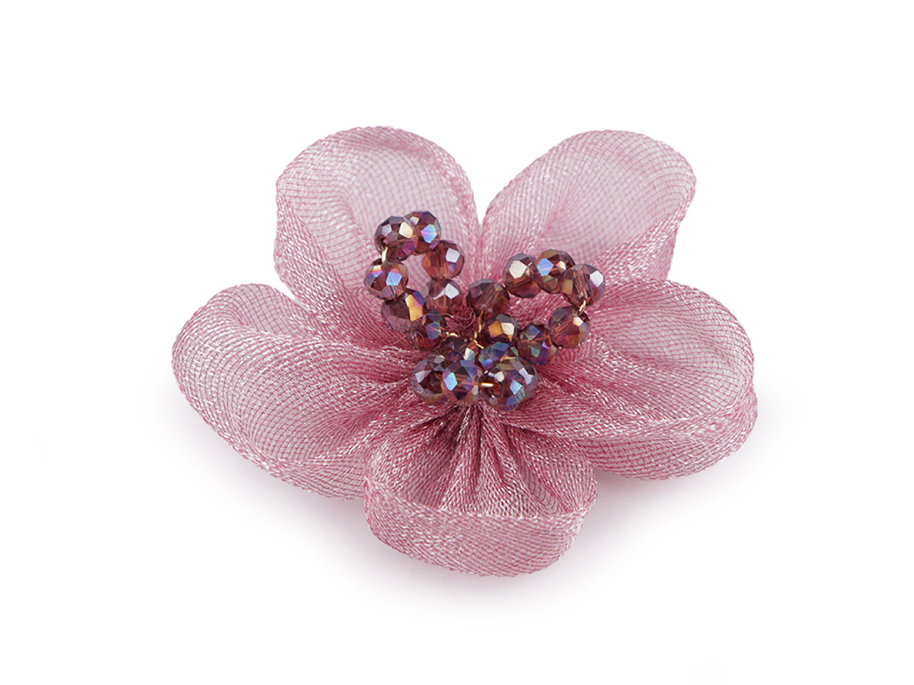 Floare din organza cu margele pentru cusut si lipit ø4,5 cm - Roz vintage (2 Bucăți)