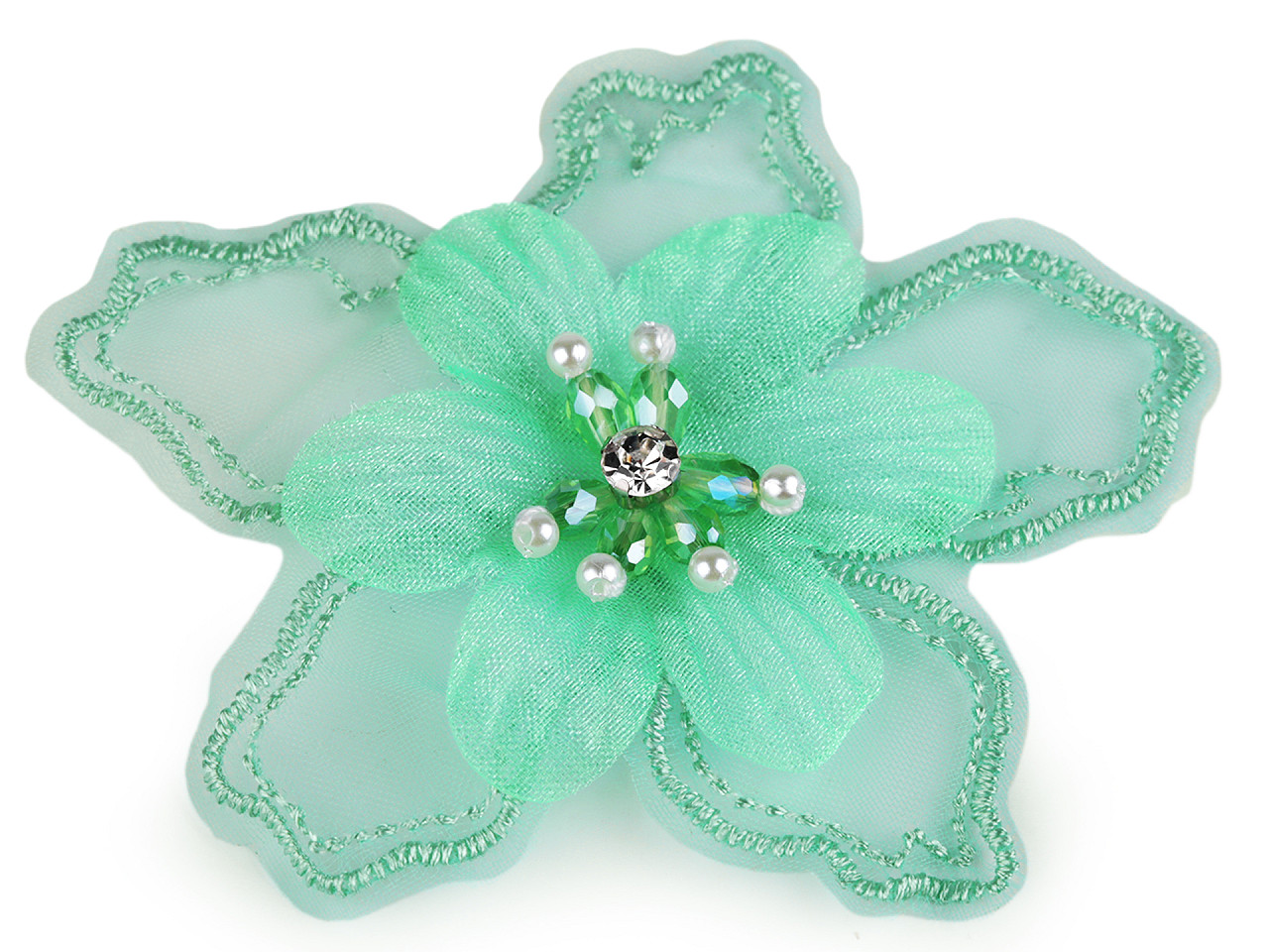 Floare textila cu margele pentru ornare ø8 cm - Verde pastel deschis (10 Bucăți)