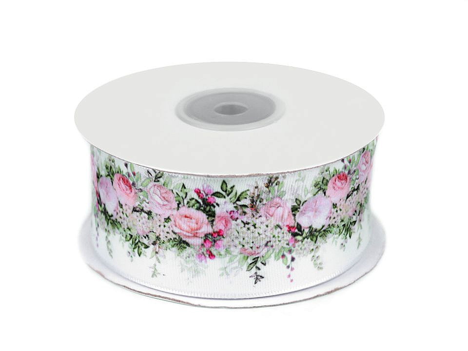 Panglică satinată, imprimeu floral, lățime 40 mm - Roz deschis (1 Metru)