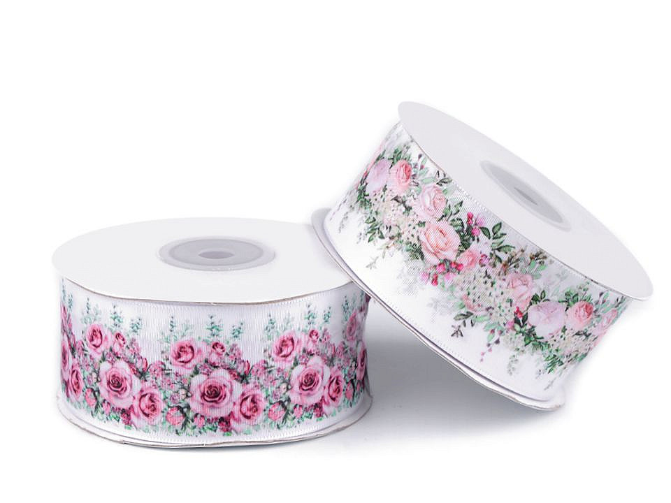 Panglică satinată, imprimeu floral, lățime 40 mm - Roz deschis (1 Metru)