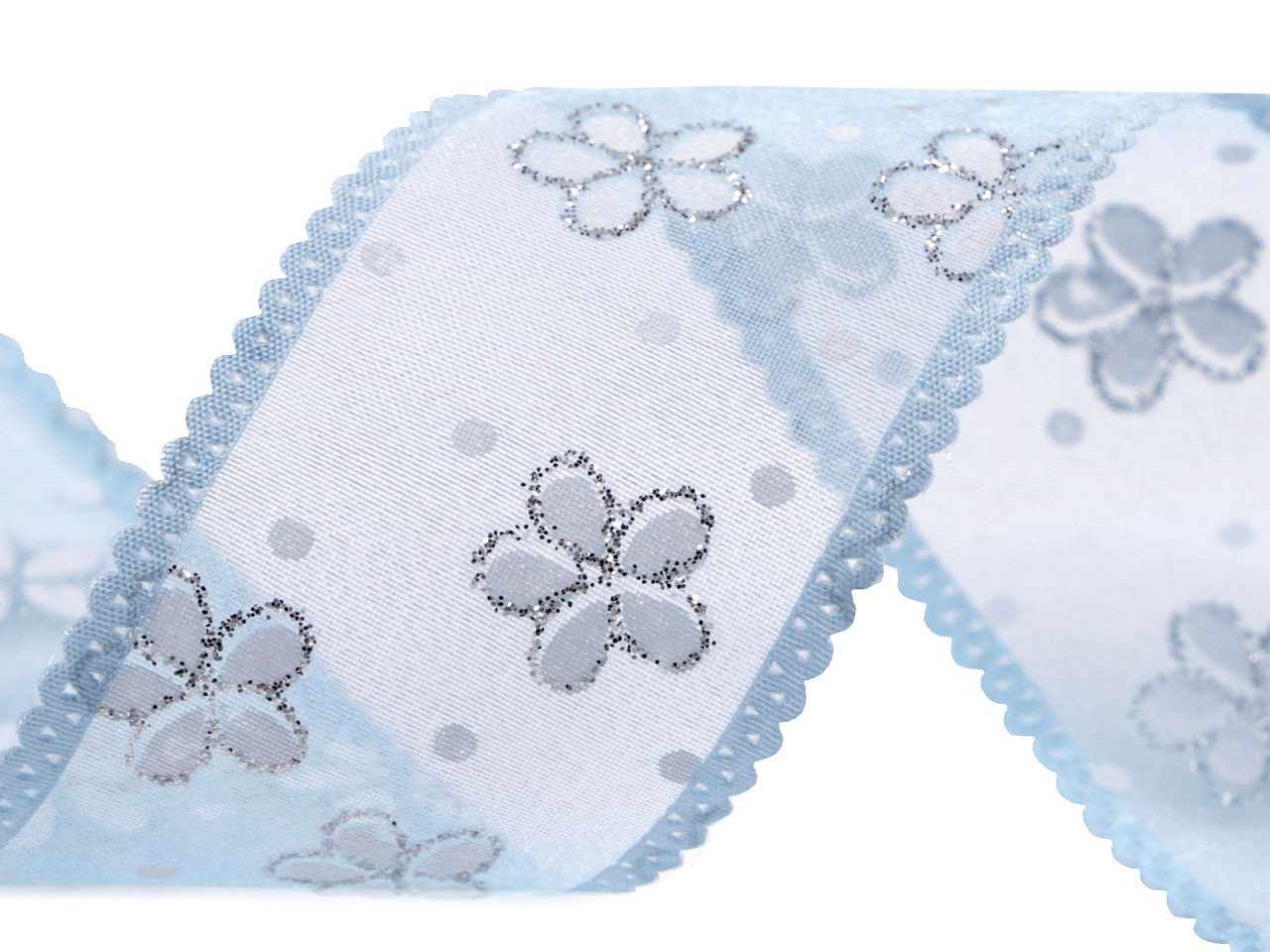 Panglica din organza cu flori si sclipici, latime 40 mm - Verde deschis (1 Metru)