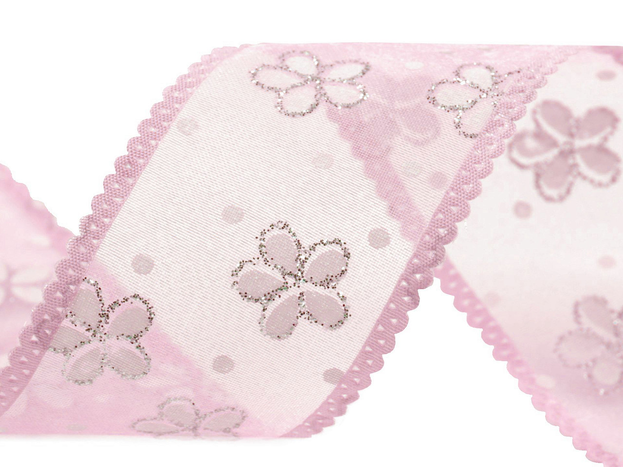 Panglica din organza cu flori si sclipici, latime 40 mm - Verde deschis (1 Metru)