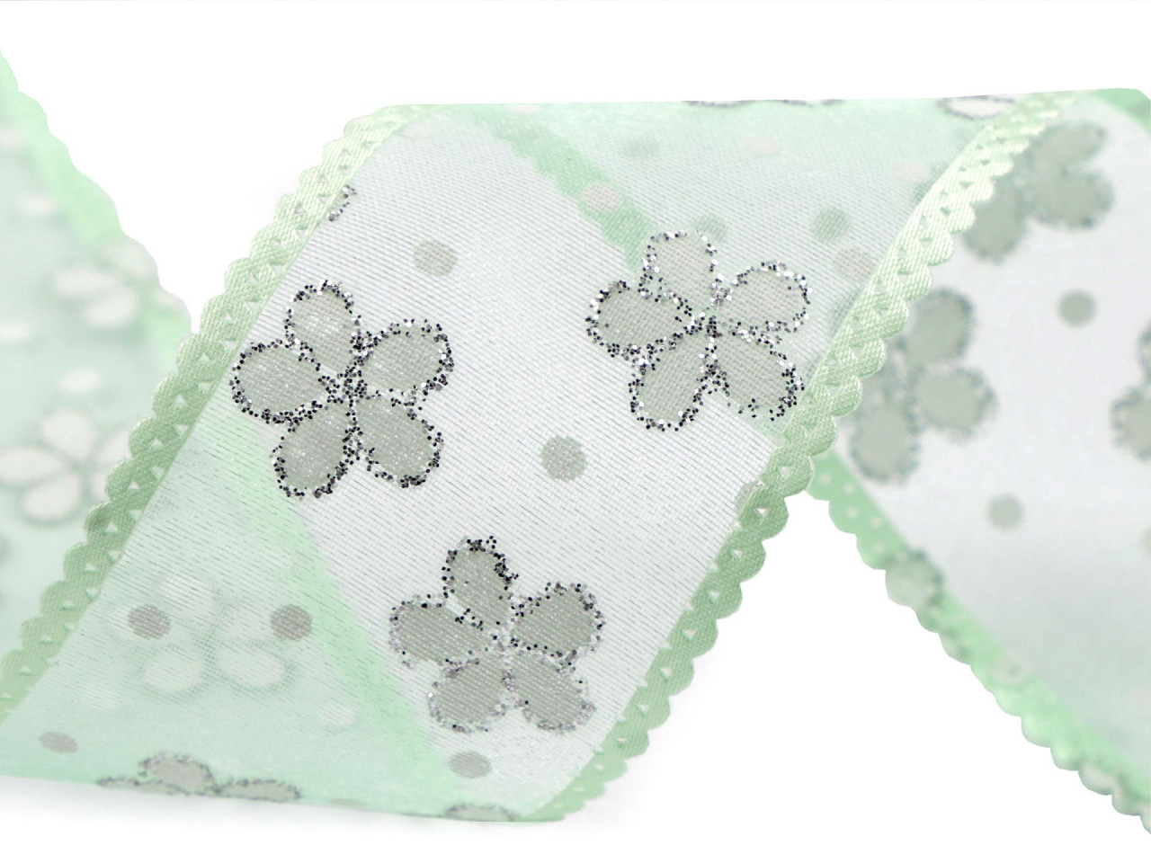 Panglica din organza cu flori si sclipici, latime 40 mm - Verde deschis (1 Metru)