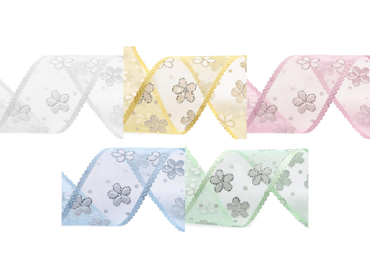 Panglica din organza cu flori si sclipici, latime 40 mm - Verde deschis (1 Metru)