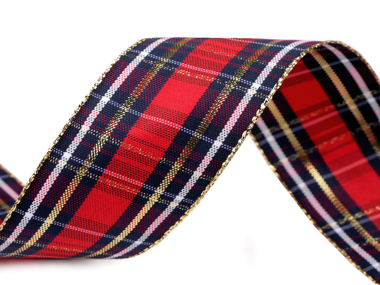 Panglică în carouri cu lurex și sârmă 40 mm - Roșu închis (1 Metru)