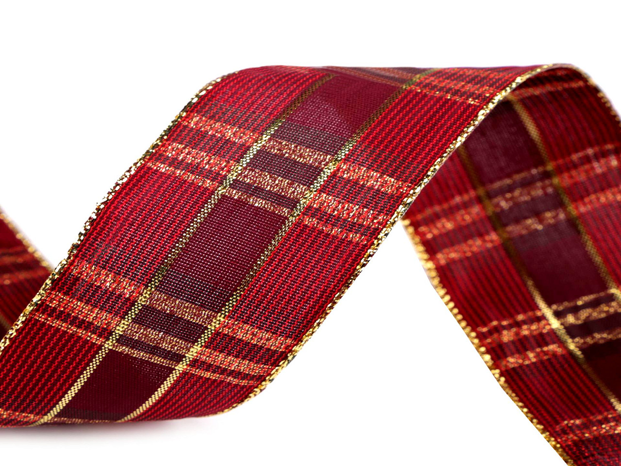 Panglică în carouri cu lurex și sârmă 40 mm - Roșu închis (1 Metru)