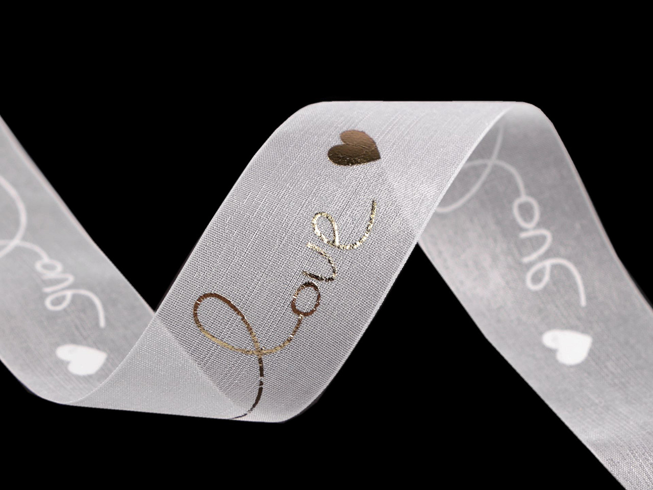 Panglica organza cu imprimeu metalic love, latime 25 mm - Alb (45 Metri)