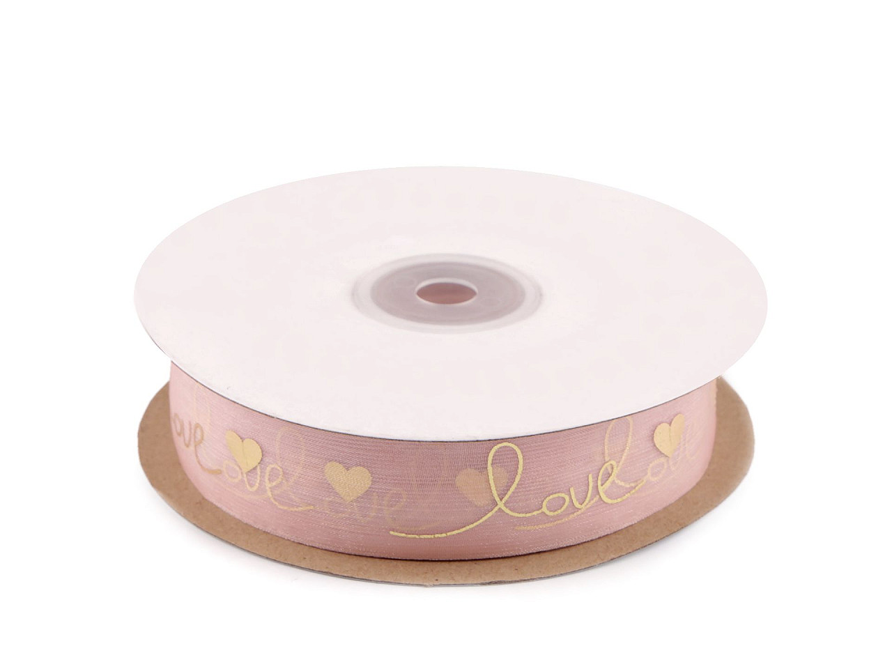 Panglica organza cu imprimeu metalic love, latime 25 mm - Alb (45 Metri)