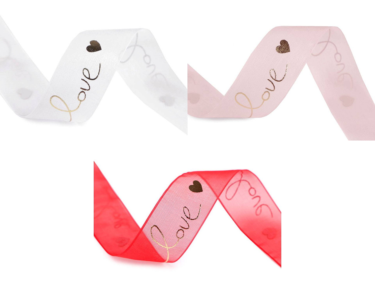 Panglica organza cu imprimeu metalic love, latime 25 mm - Alb (45 Metri)