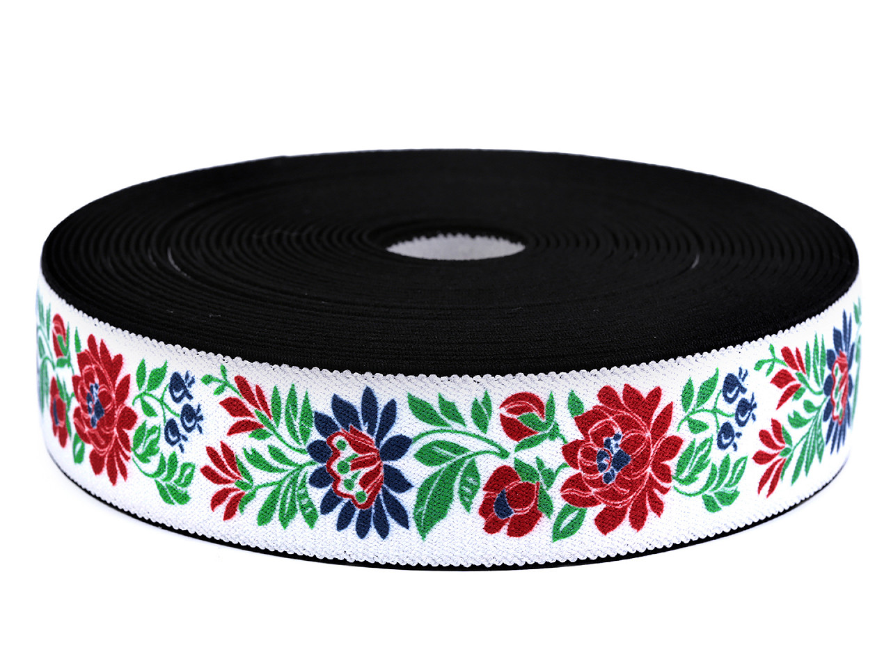 Elastic lat cu motiv floral, lățime 40 mm - Negru (1 Metru)