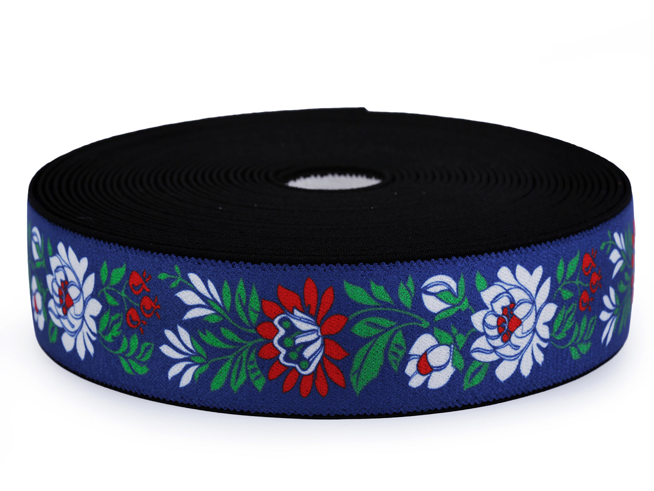Elastic lat cu motiv floral, lățime 40 mm - Negru (1 Metru)