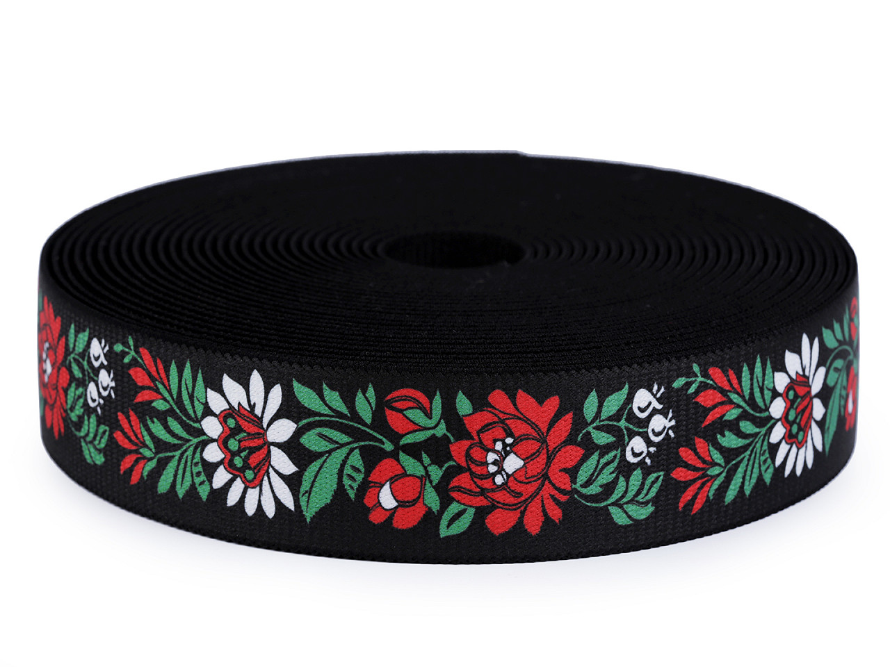 Elastic lat cu motiv floral, lățime 40 mm - Negru (1 Metru)
