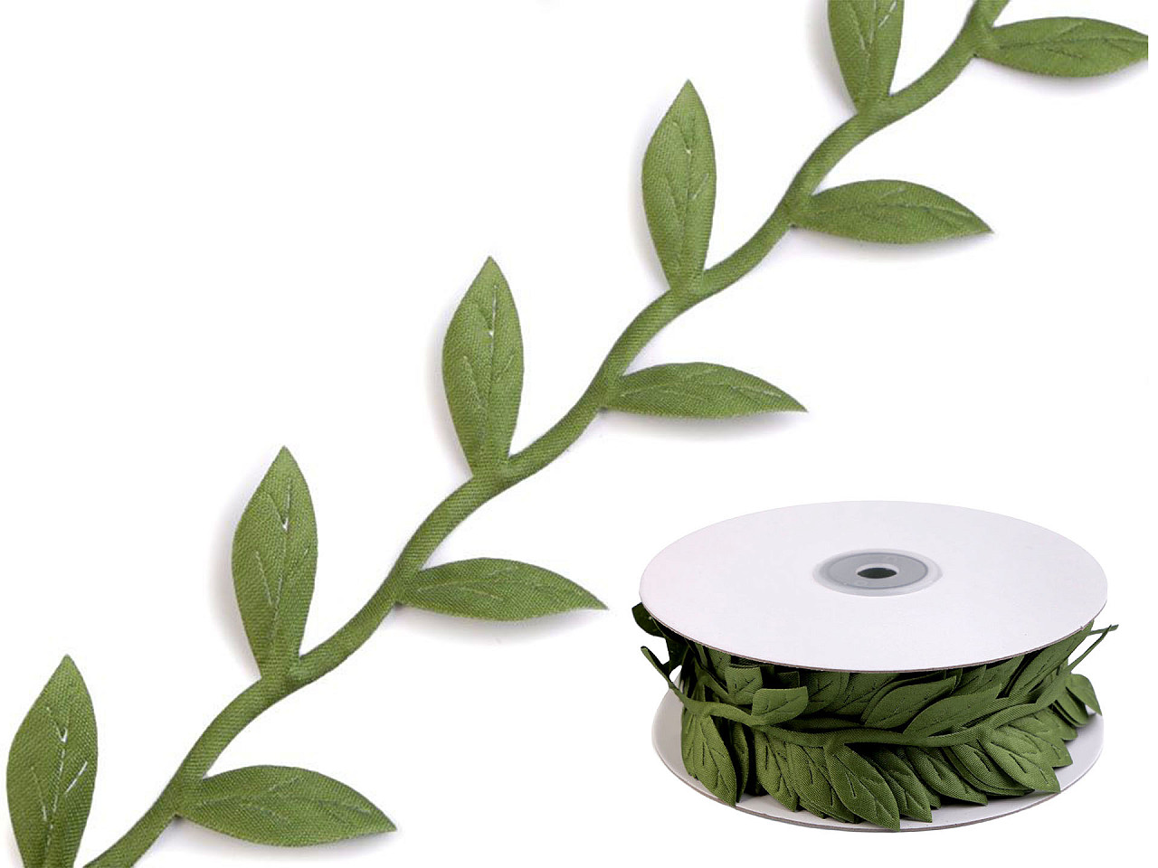 Bandă decorativă cu frunze din satin - Verde (1 Metru)