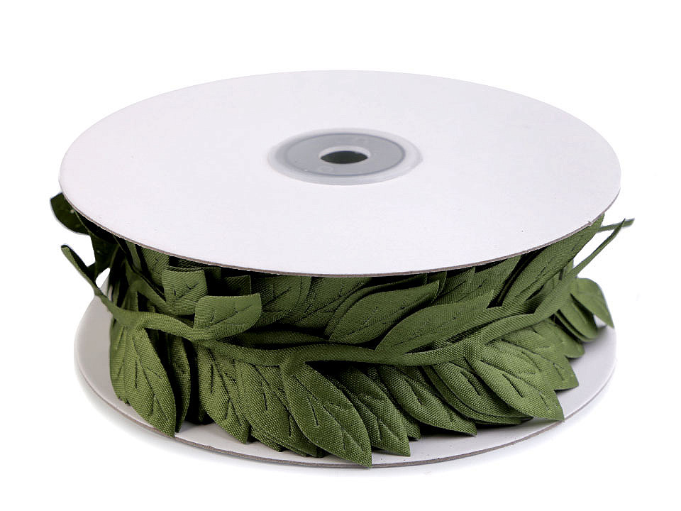 Bandă decorativă cu frunze din satin - Verde (1 Metru)