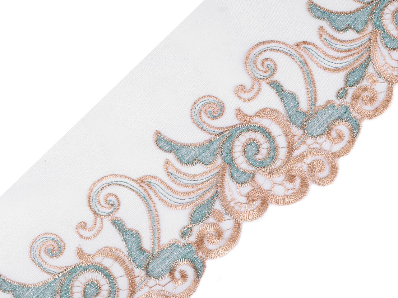 Dantelă brodată pe organza, lățime 18 cm - Turcoaz (1 Metru)