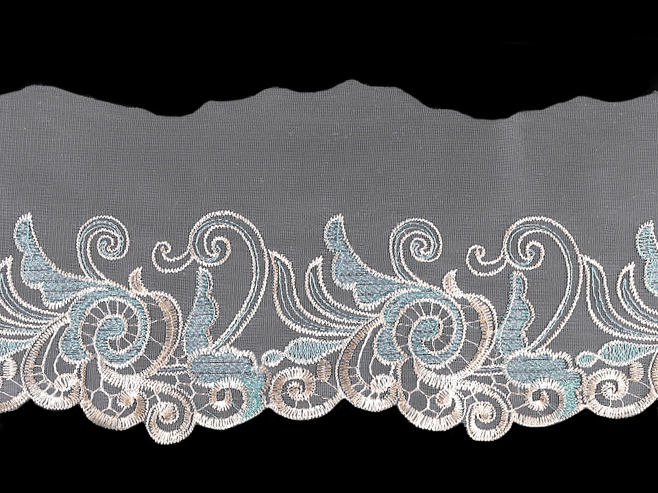 Dantelă brodată pe organza, lățime 18 cm - Turcoaz (1 Metru)