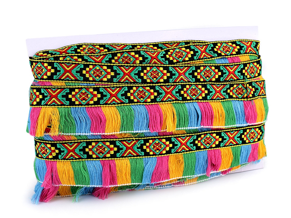 Bandă cu franjuri, motiv indian, lățime 50 mm - Multicolor (1 Metru)