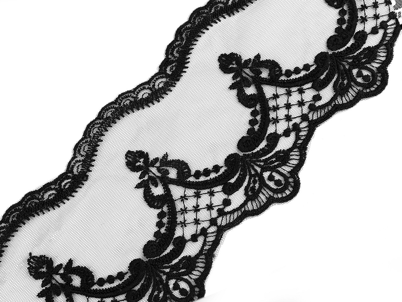Dantelă brodată pe organza, lățime 12,5 cm - Alb (1 Metru)