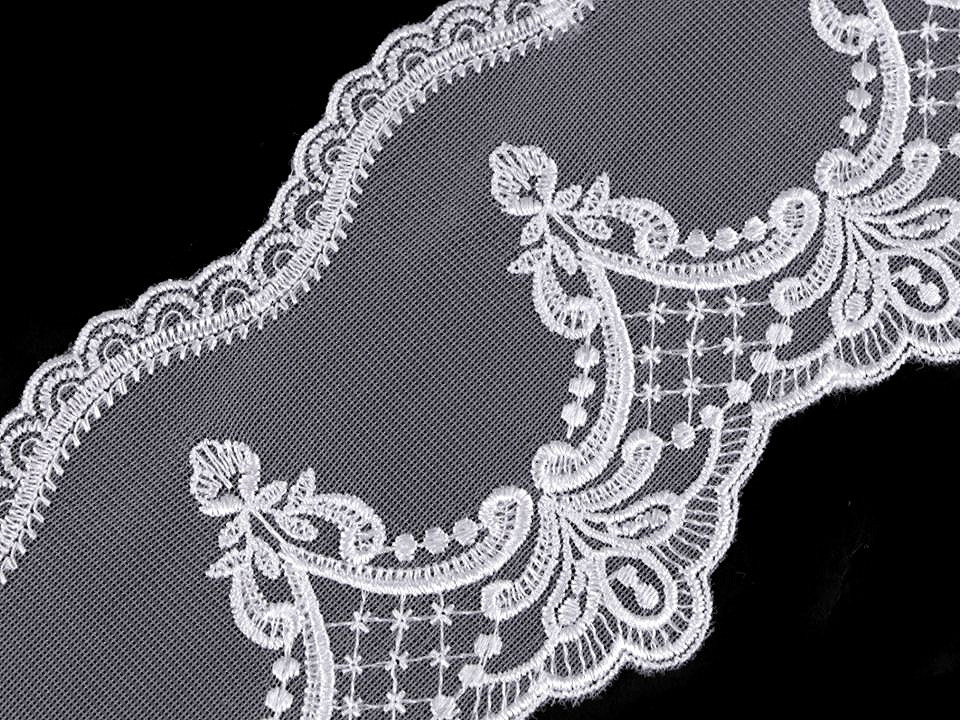 Dantelă brodată pe organza, lățime 12,5 cm - Alb (1 Metru)