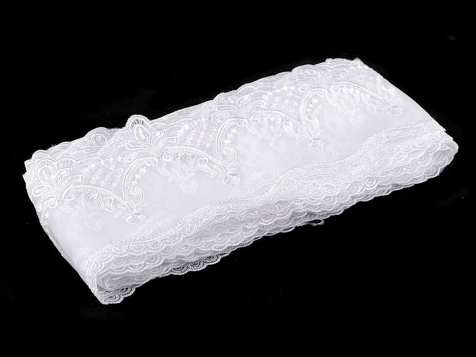 Dantelă brodată pe organza, lățime 12,5 cm - Alb (1 Metru)