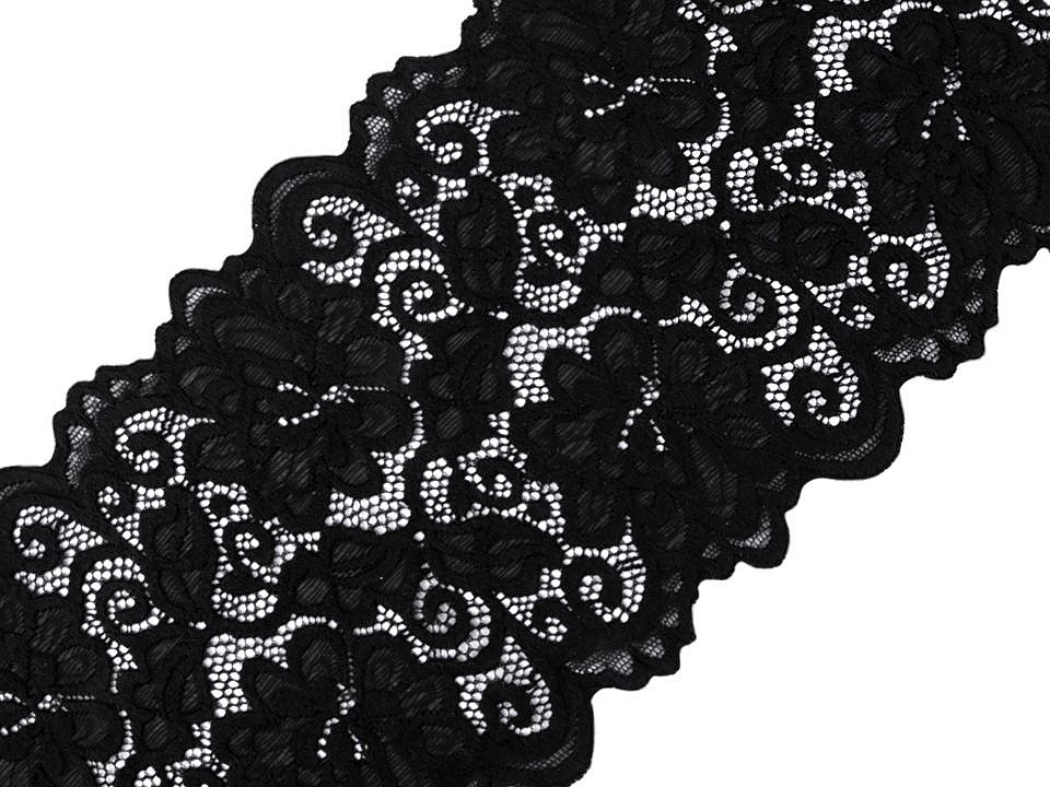Dantelă elastică / aplicație, lățime 15 cm - Negru (18 Metri)