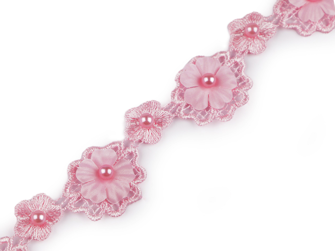 Dantelă guipure flori 3d cu perlă, lățime 30 mm - Crem deschis (1 Metru)