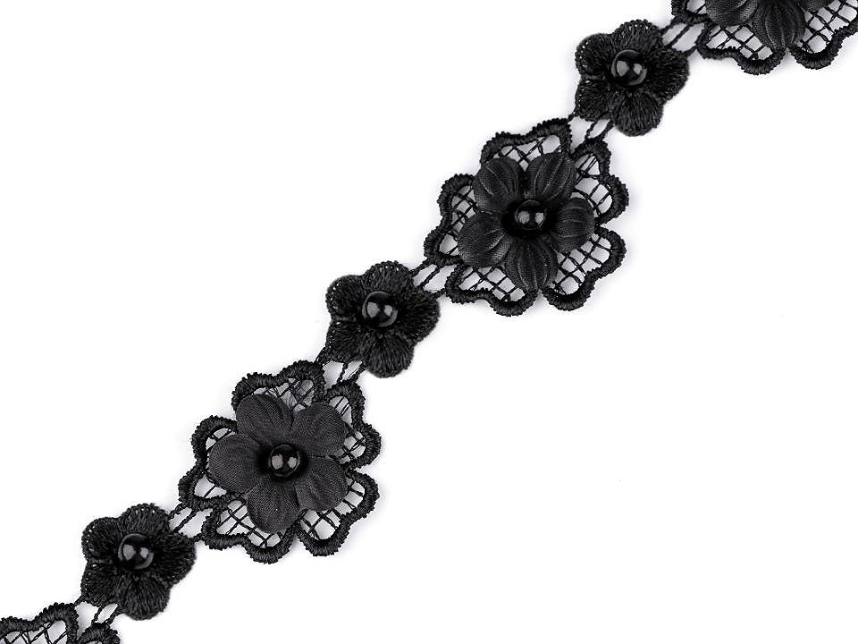 Dantelă guipure flori 3d cu perlă, lățime 30 mm - Crem deschis (1 Metru)