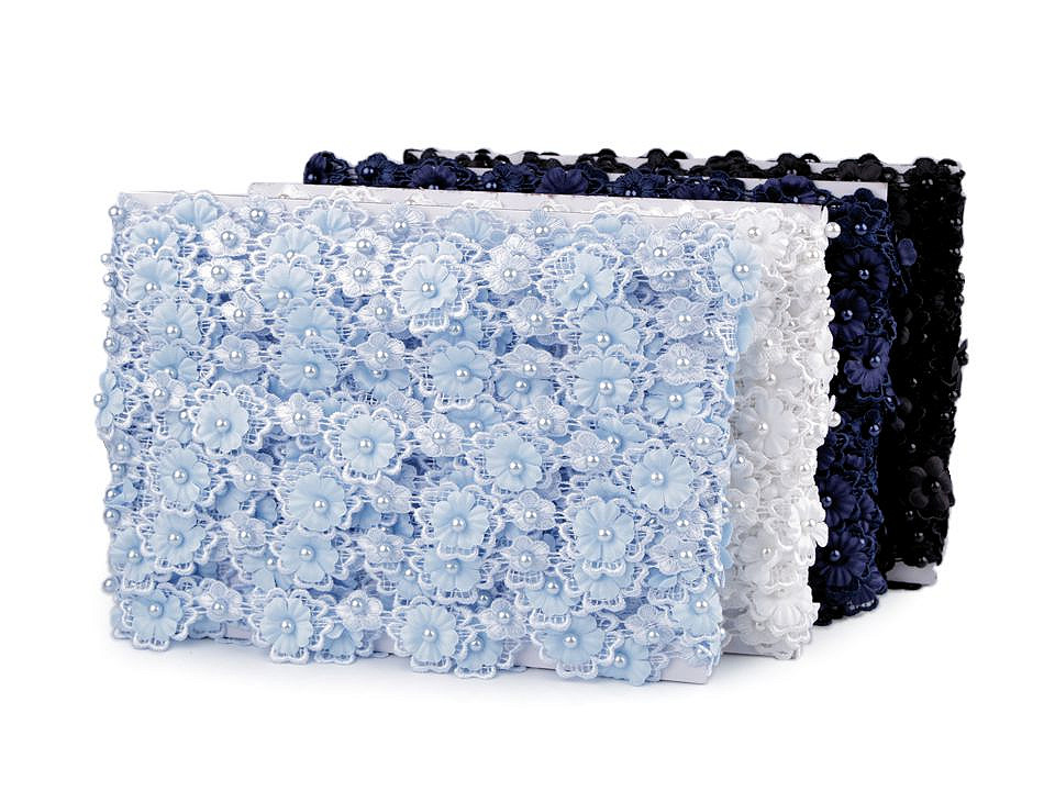 Dantelă guipure flori 3d cu perlă, lățime 30 mm - Crem deschis (1 Metru)