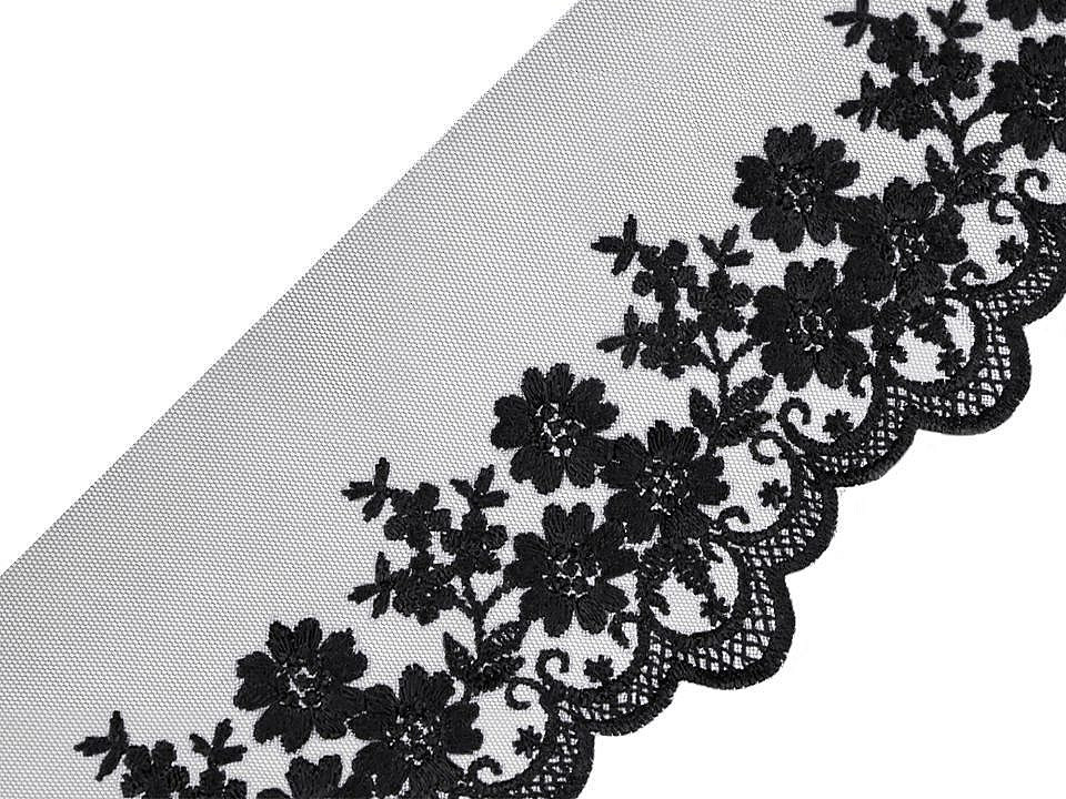 Dantelă brodată pe organza, lățime 90 mm - Negru (1 Metru)