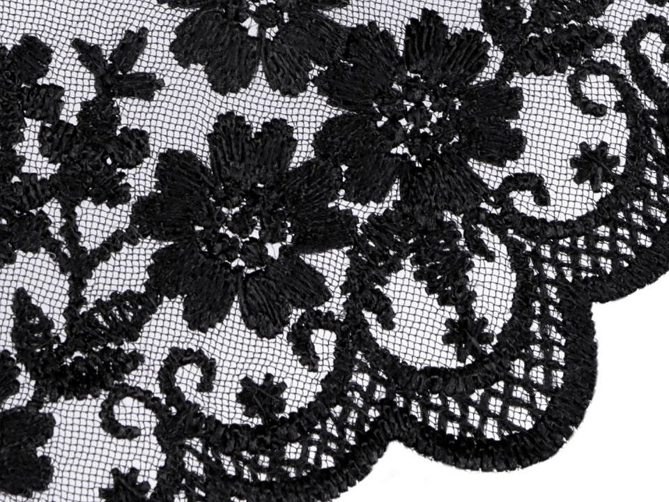 Dantelă brodată pe organza, lățime 90 mm - Negru (1 Metru)