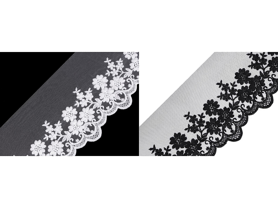 Dantelă brodată pe organza, lățime 90 mm - Negru (1 Metru)