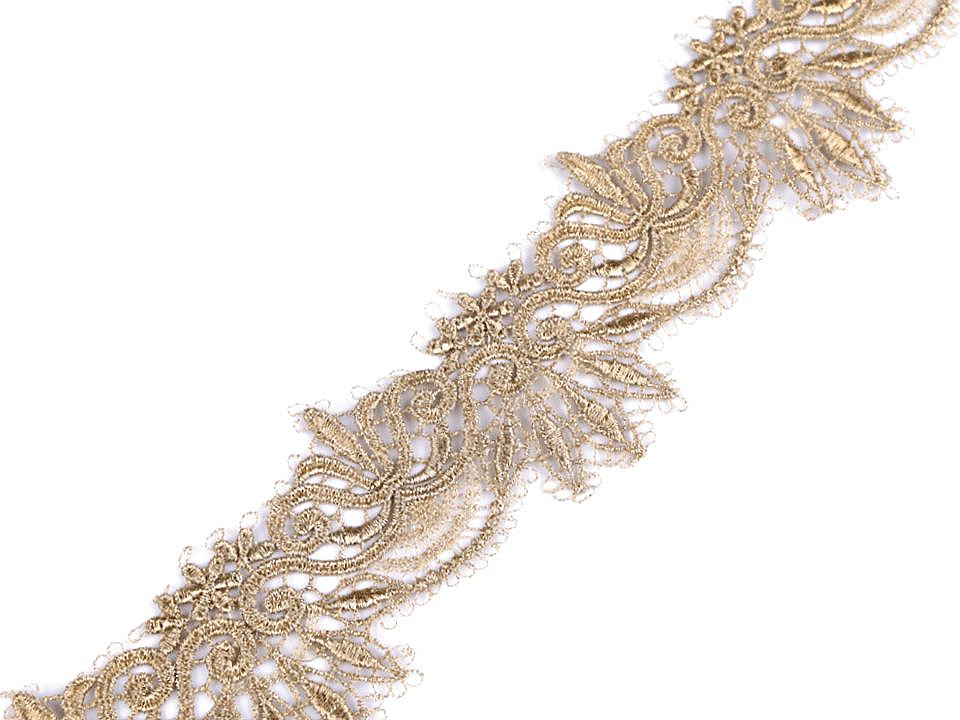 Dantelă brodată cu lurex, lățime 64 mm - Auriu deschis (1 Metru)