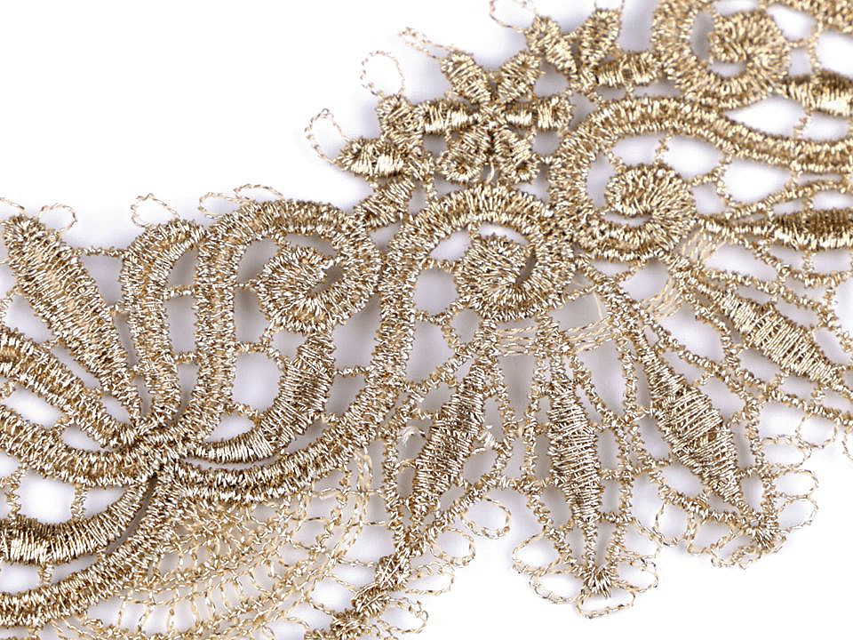 Dantelă brodată cu lurex, lățime 64 mm - Auriu deschis (1 Metru)