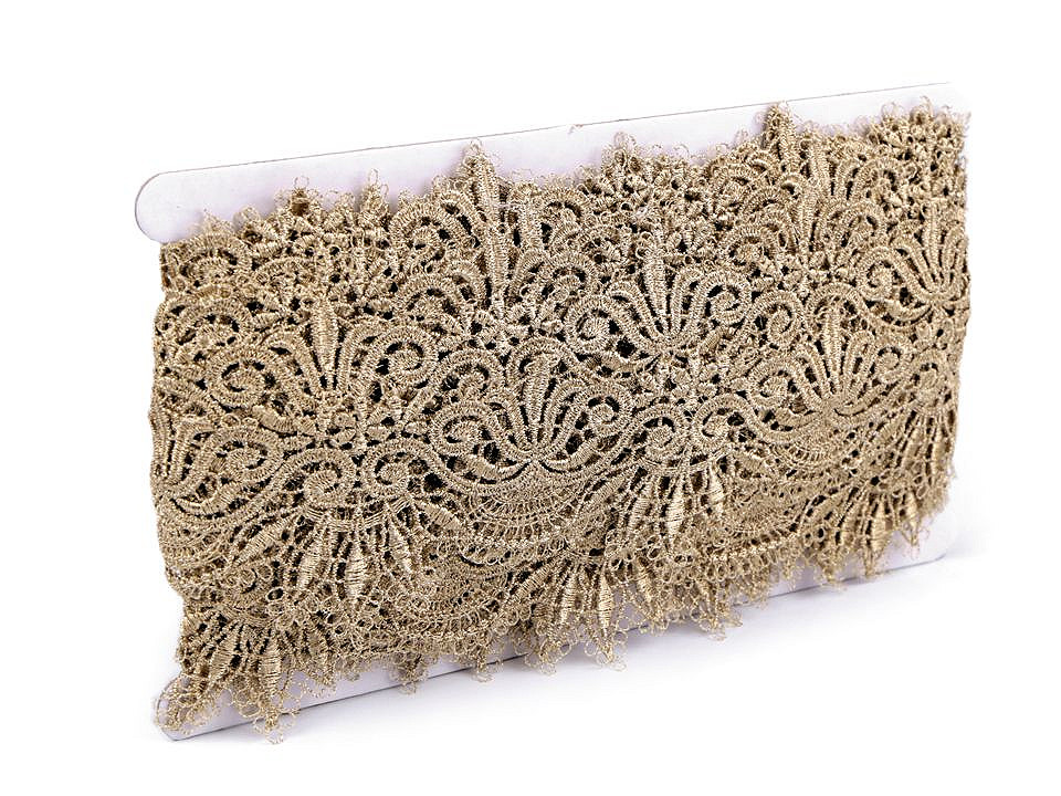 Dantelă brodată cu lurex, lățime 64 mm - Auriu deschis (1 Metru)