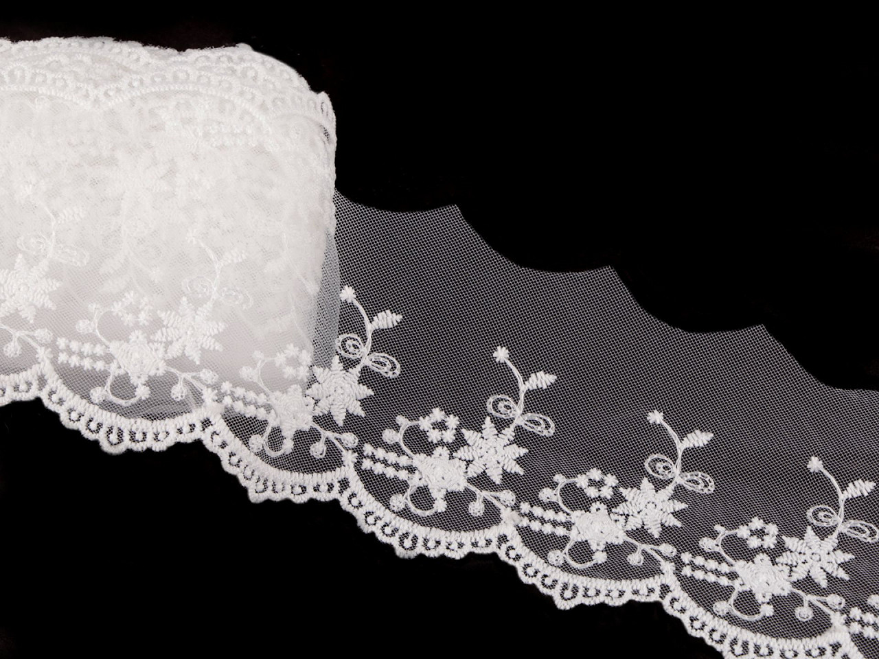 Dantelă brodată pe organza, lățime 70 mm - Negru (1 Metru)