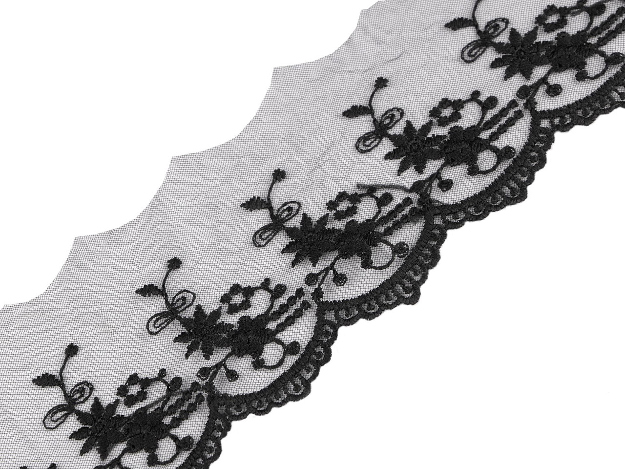 Dantelă brodată pe organza, lățime 70 mm - Negru (1 Metru)