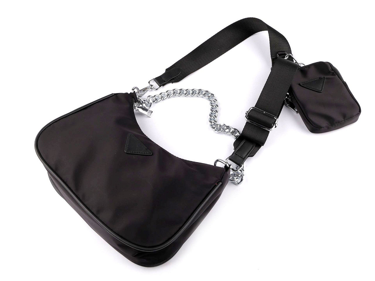 Geantă 2 în 1 din nailon cu lanț argintiu 26x16 cm - Negru (1 Bucată)