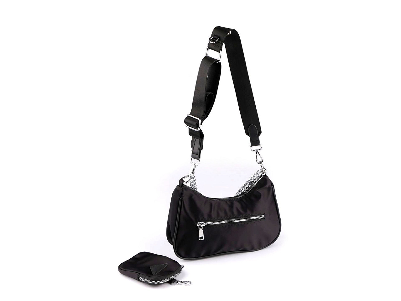 Geantă 2 în 1 din nailon cu lanț argintiu 26x16 cm - Negru (1 Bucată)