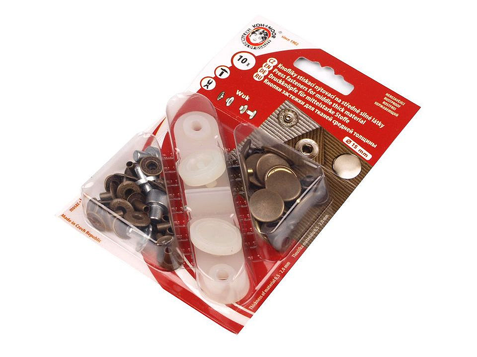 Capse metalice cu aplicator, finisaj alamă antică, ø15 mm - Alamă antică (1 Card)