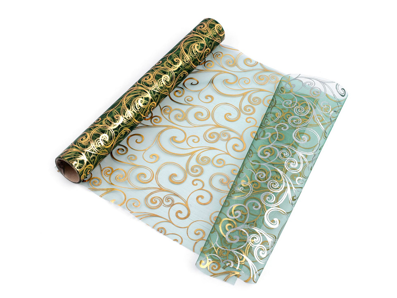 Organza decorativă, imprimeu metalizat, lățime 36 cm - Verde închis (1 Metru)